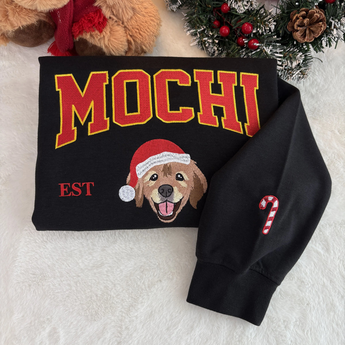 PetFiestas® Varsity Style Embroidered Pet Christmas Sweatshirt - Dog Face with Santa Hat Crewneck- Varsity Colorful Desi