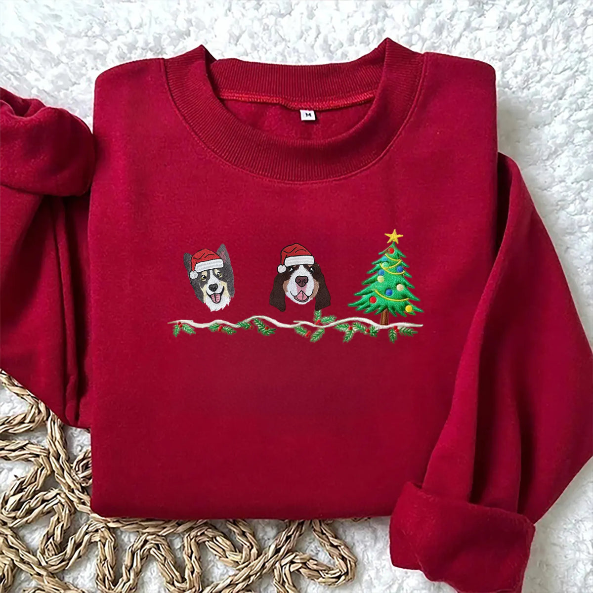 PetFiestas® Custom Dog Cat Face Embroidered Sweatshirt with Christmas Tree Embroidery, Holiday Crewneck- Colorful Design