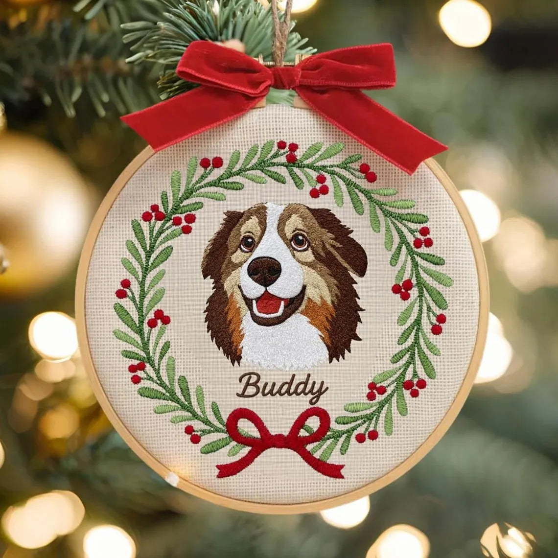 Custom Pet Portrait Embroidered Christmas Ornament with Christmas Wreath