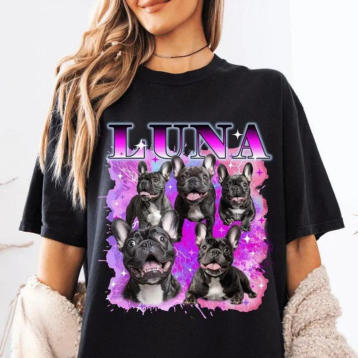 Custom Retro Pet Portrait Tee & Hoodie - Personalized with Photo & Name