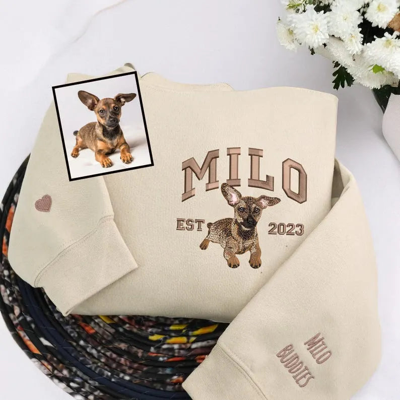 Custom Embroidered Pet Portrait & Name Sweatshirt - Personalized Dog Photo Crewneck Hoodie