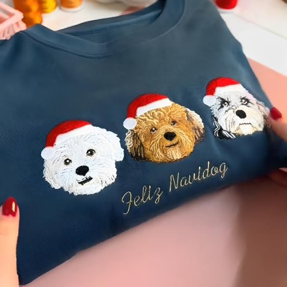 Custom Dog Cat Portrait Embroidered Christmas Sweatshirt Hoodie T-shirt- Colorful Design