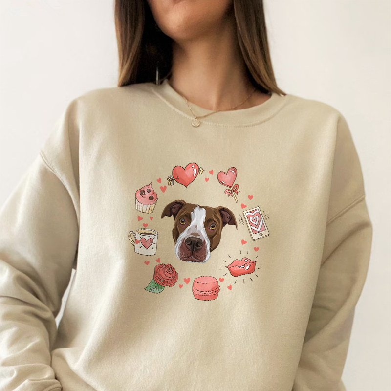 Custom Cartoon Pet Portrait Printed Valentines T-shirt Sweatshirt Hoodie, Valentine's Wreath Design