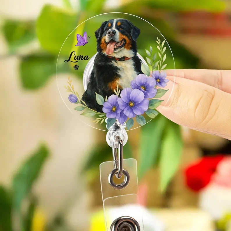 Custom Pet Portrait Badge Reel – Personalized Dog Photo ID Holder for Pet Lovers & Dog Moms