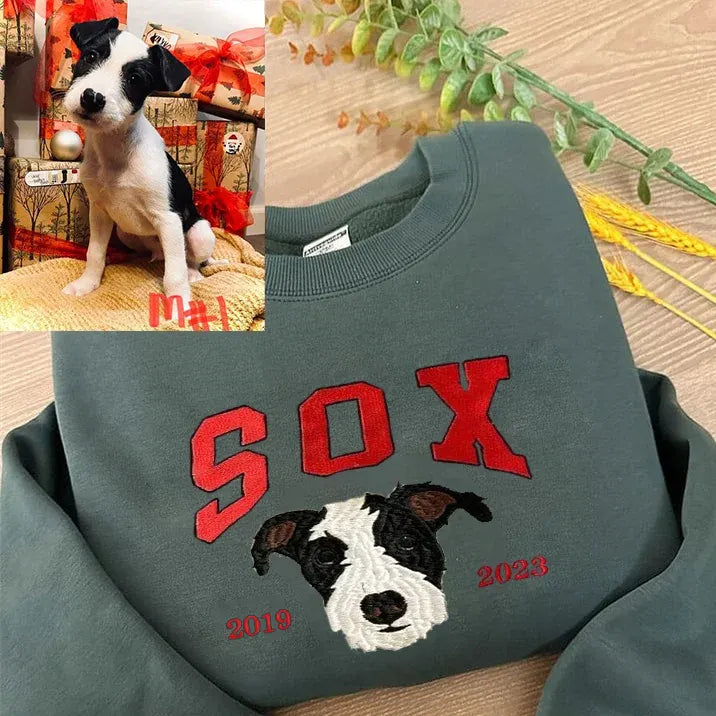 Custom Pet Memorial Pet Photo Varsity Style Embroidery with Est Year T-shirt Sweatshirt Hoodie- Varsity Colorful Design