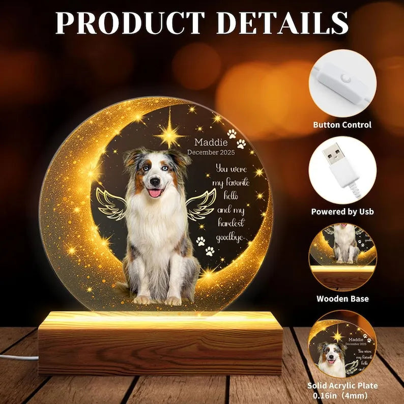 Custom Pet Memorial LED Light with Wooden Base, Crescent Moon Sympathy Lamp, Dog Cat Remembrance Gift