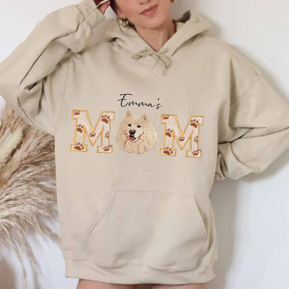 Custom Pet Portrait Embroidered Sweatshirt Dog Mom/Dog Dad Hoodie with Pet Name- Varsity Colorful Design