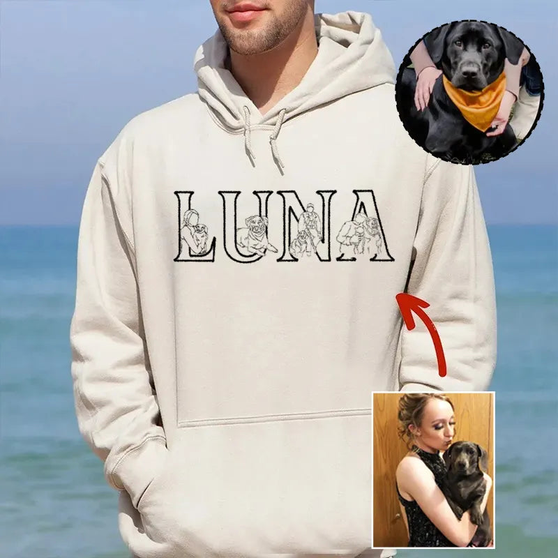 Custom Pet Name and Photo Outline Embroidered T-Shirt Sweatshirt Hoodie- Stylish Outline Style