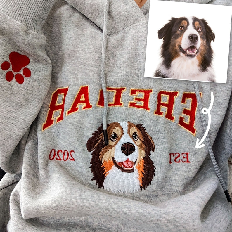 Custom Dog Hoodie Embroidered Dog Name, Personalized Pet Face Sweatshirt, Varsity Style Hoodie For Kid- Varsity Colorful