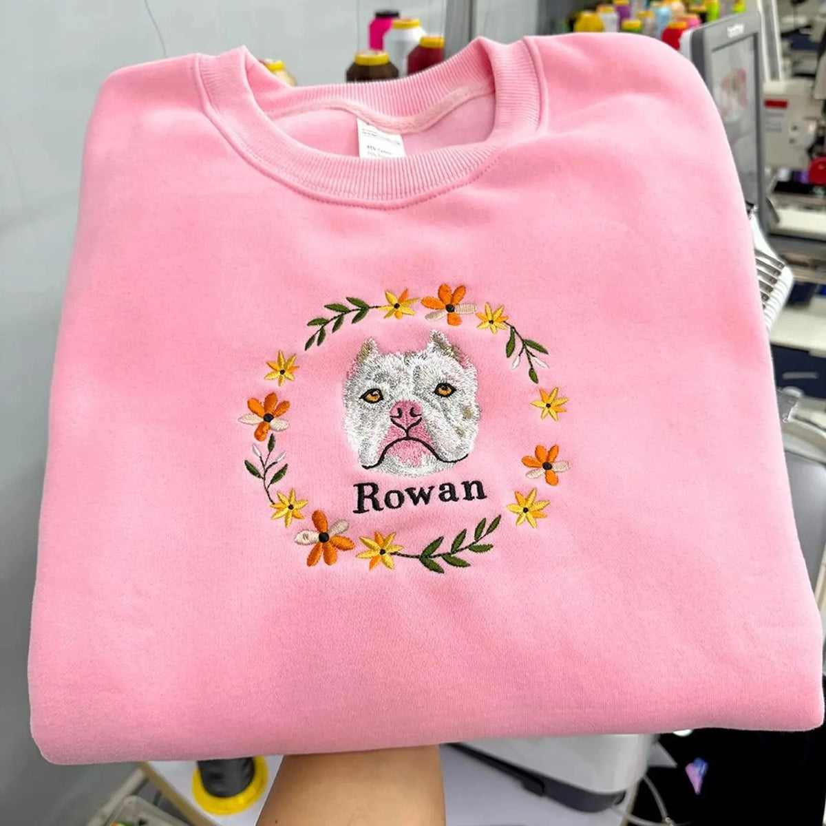 Custom Pet Portrait Embroidered Sweatshirt, Floral Wreath Name Hoodie, Pet Lover Shirt Gift