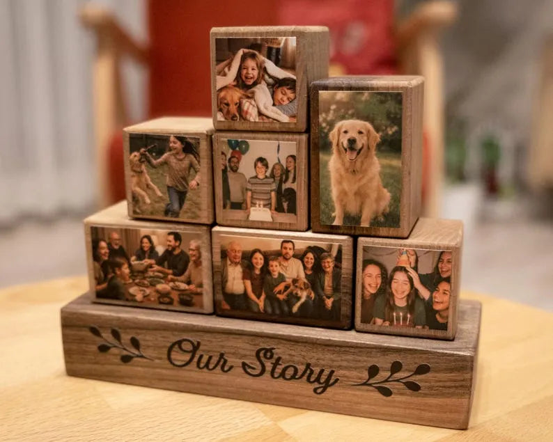 Custom Wooden Photo Blocks Collage – Stackable Wood Photo Block Set, Family Gift