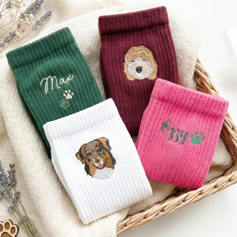 Custom Embroidered Pet Portrait Socks From Photo - Personalized Dog Face Socks