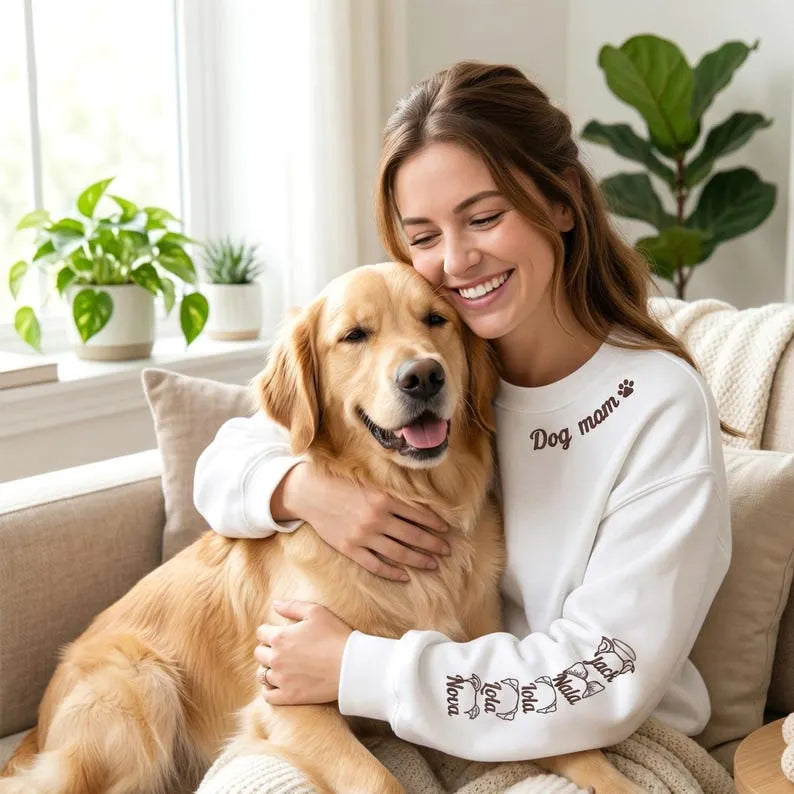 Custom Embroidered Pet Ear Outline Sweatshirt, Dog Mom Sweatshirt with Pet Ears on Sleeve