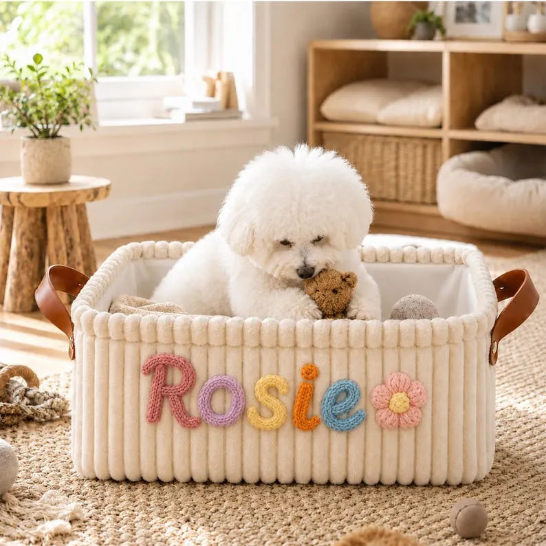 Custom Pet Toy Basket with Name, Personalized Corduroy Pet Toy Basket, Dog or Cat Toy Organizer
