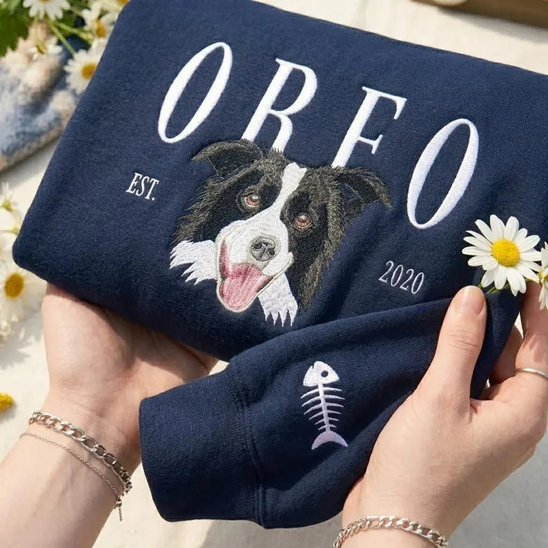 Custom Embroidered Dog Portrait Sweatshirt, Personalized Pet Photo Name Embroidered Crewneck