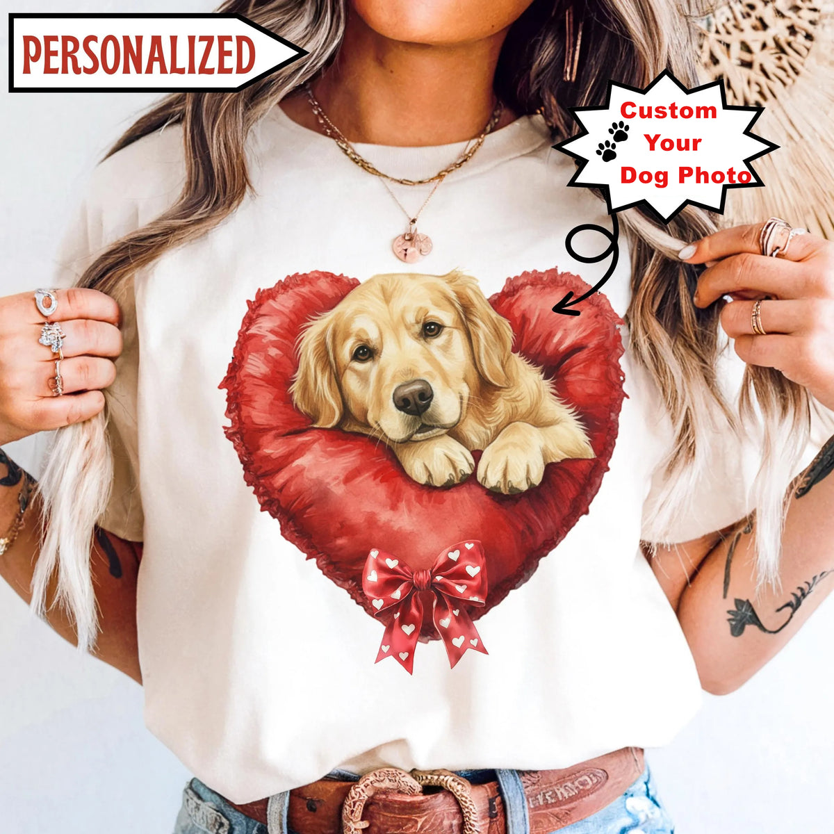 Custom Pet Valentines Day Sweatshirt - Personalized Dog/Cat on Heart Shape Pillow Graphic T-shirt
