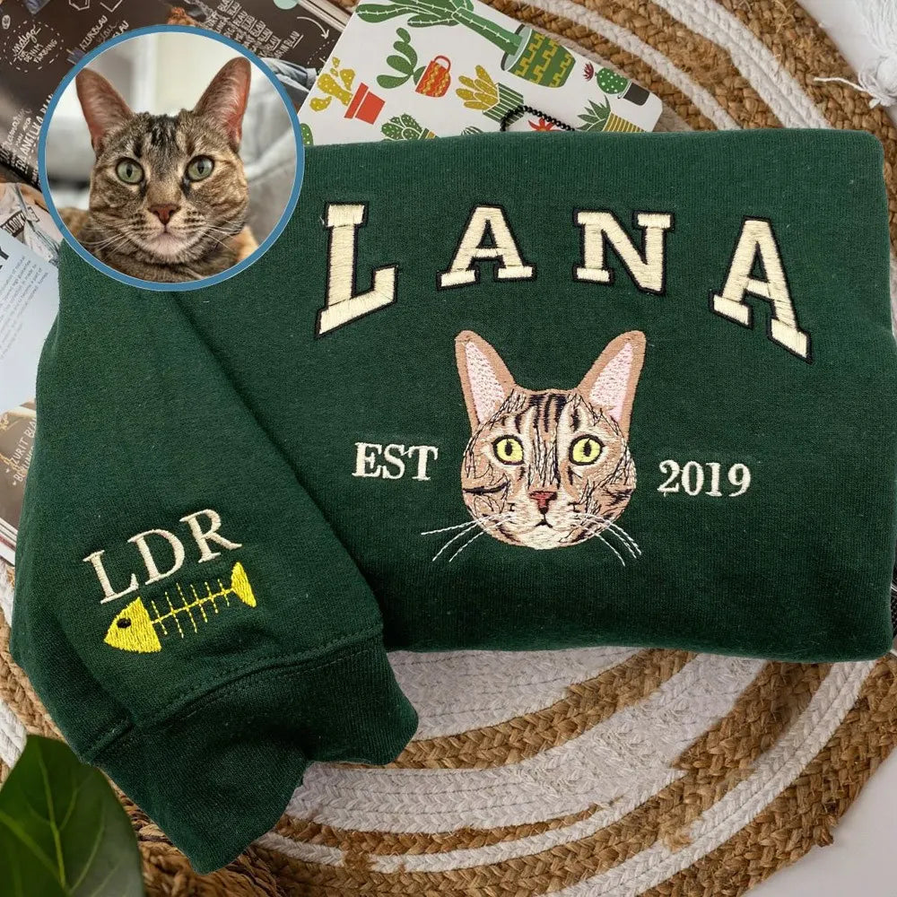 Embroidered Pet Portrait Photo Varsity Style Sweatshirt Custom Dog Hoodie T-shirt with Photo and Name- Varsity Colorful 