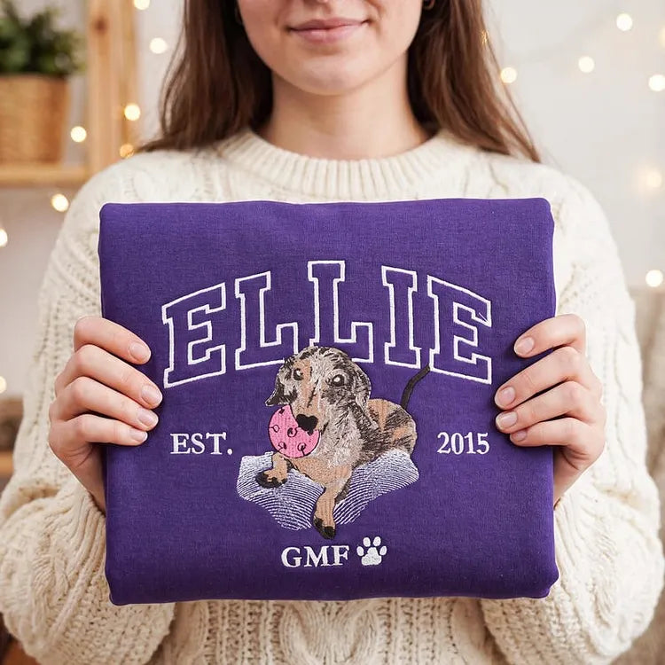 Custom Dog Portrait Embroidered Sweatshirt with Pet Name, Gift for Wiener Dog Lovers