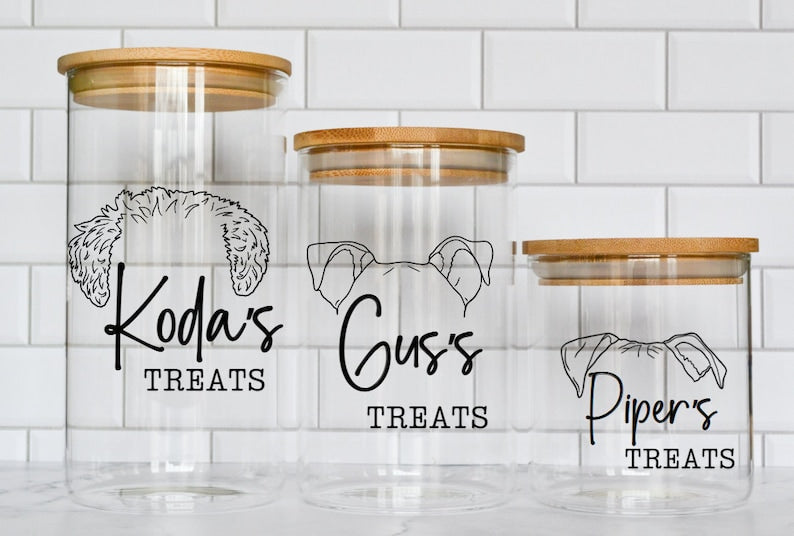 Personalized Pet Treats Container with Wooden Lid  – Custom Glass Jar with Pet Ears & Name