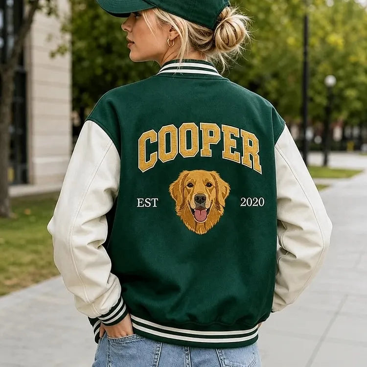 Custom Pet Portrait Varsity Jacket – Letterman Style with Name & Est. Year