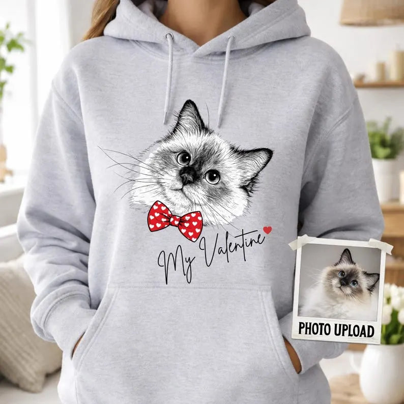 Custom Pet Photo Valentine’s Day Hoodie Sweatshirt - Personalized Dog/Cat Bow Tie T-shirt