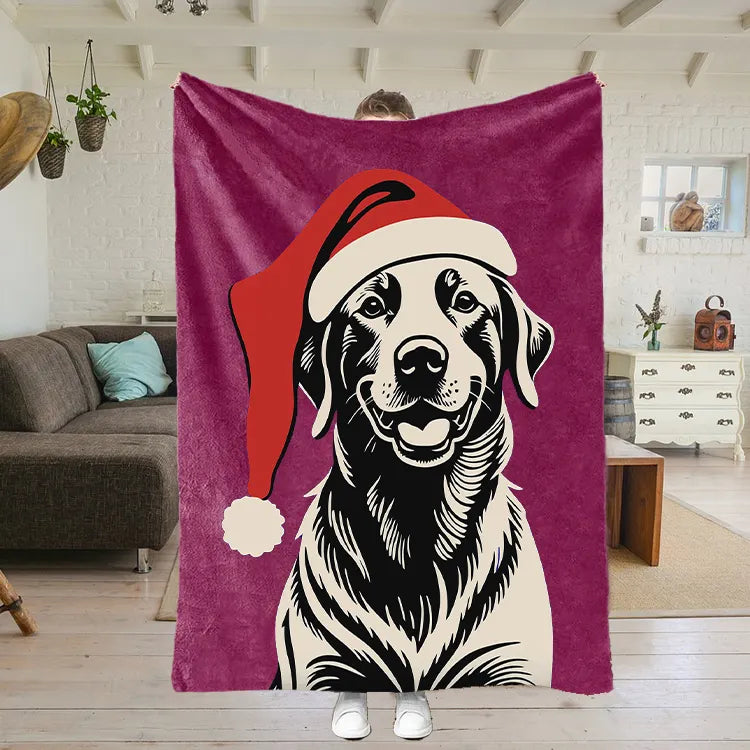 PetFiestas® Custom Pet Portrait Blanket – Vintage Black Art Style with Santa Hat