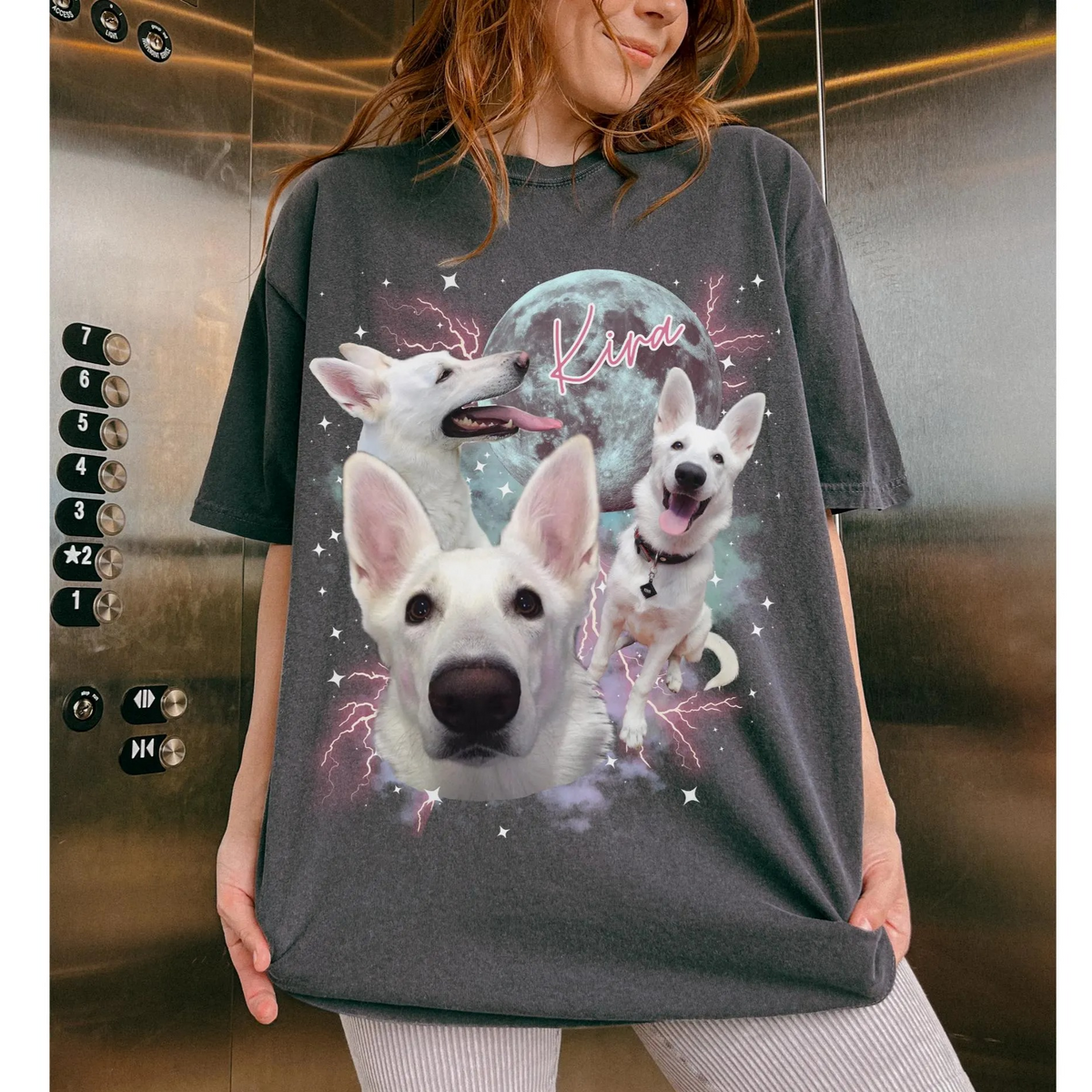 Custom Pet Portrait T-shirt, Pet Vintage Graphic T-shirt with Retro Moon Style