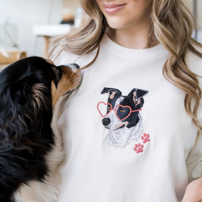 Custom Pet Portrait & Heart Shape Glasses Embroidered Sweatshirt, Hoodie, T-shirt, Valentine's Day Gift- Colorful Design