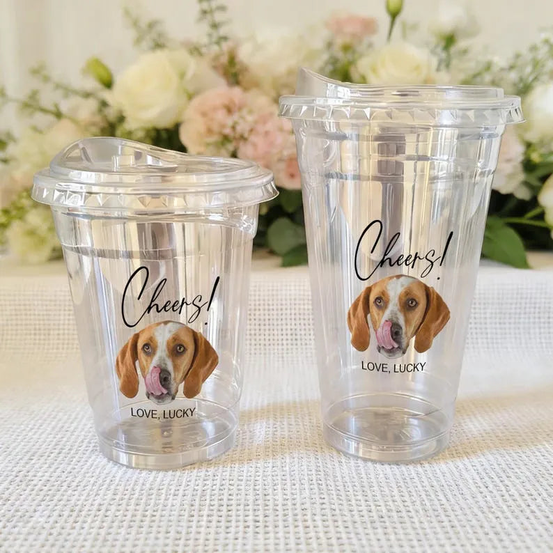 Custom Pet Wedding Plastic Cups, Personalized Dog Portrait Wedding Cup Favor
