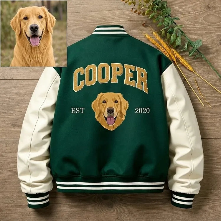 Custom Pet Portrait Varsity Jacket – Letterman Style with Name & Est. Year