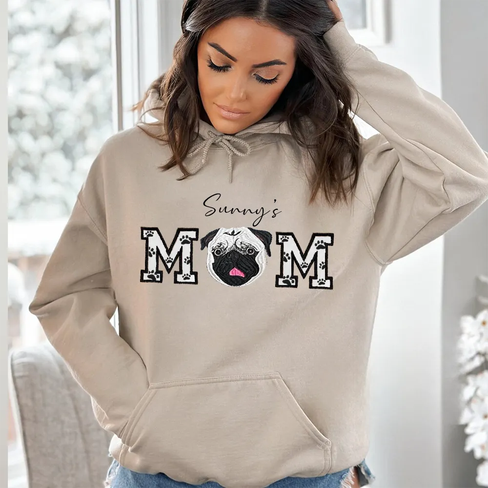 Custom Pet Portrait Embroidered Sweatshirt Dog Mom/Dog Dad Hoodie with Pet Name- Varsity Colorful Design
