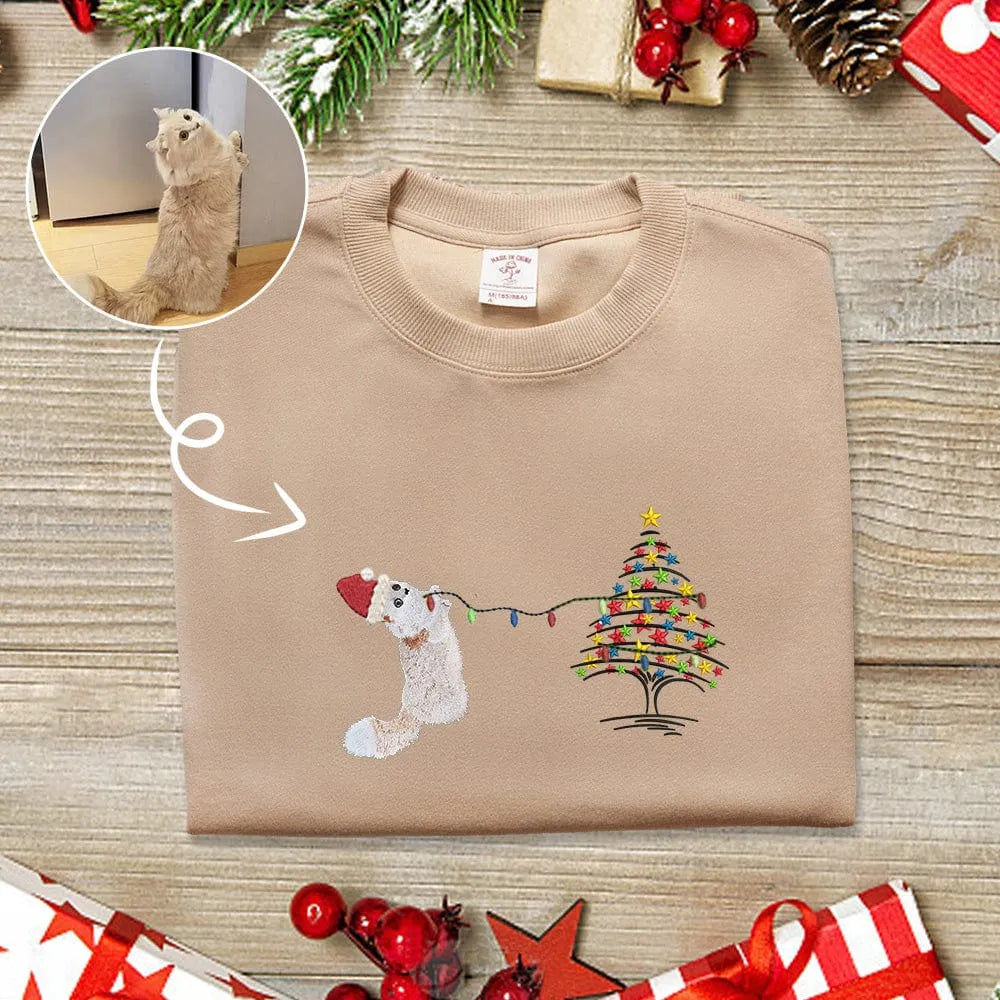 Custom Embroidered Christmas Tree And Lights Pet Embroidered Sweatshirt Hoodie T-shirt- Colorful Design