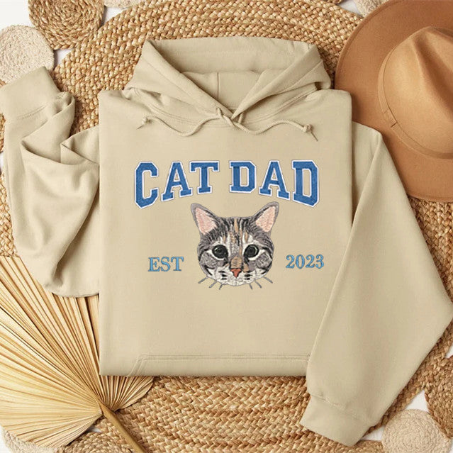 Custom Embroidered Varsity Cat Dad Sweatshirt or Hoodie Portrait from Photo- Varsity Colorful Design