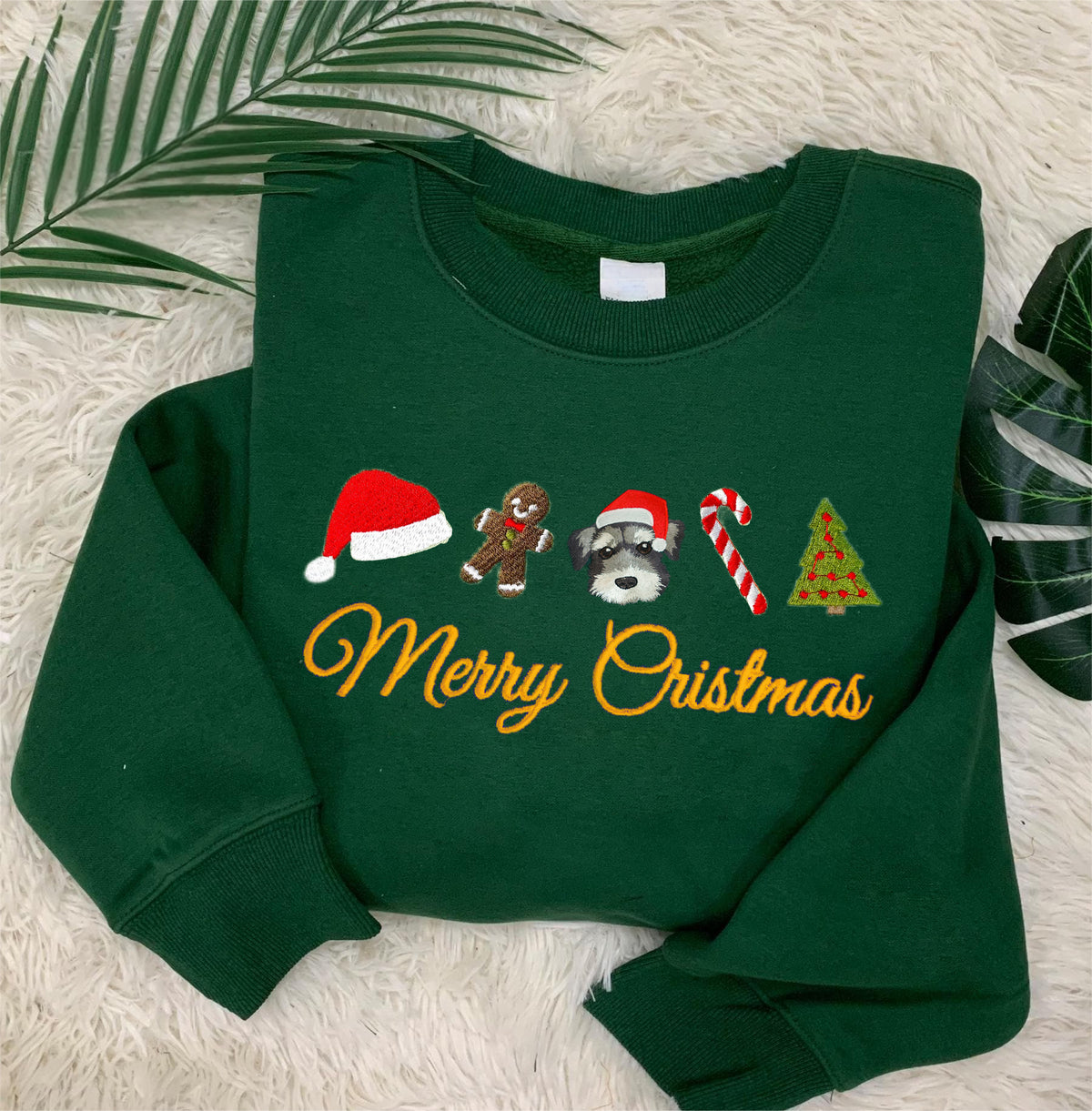 PetFiestas® Custom Pet Dog Embroidered Christmas Sweatshirt, Merry Christmas Gingerbread Snowman Crewneck- Colorful Desi