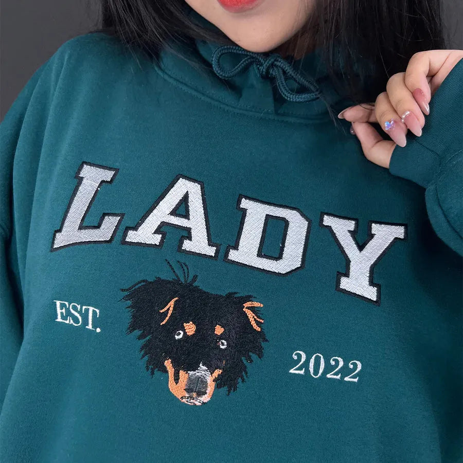 Custom Embroidered Pet Portrait Hoodie - Personalized Pet Sweatshirt with Name & Year- Varsity Colorful Design