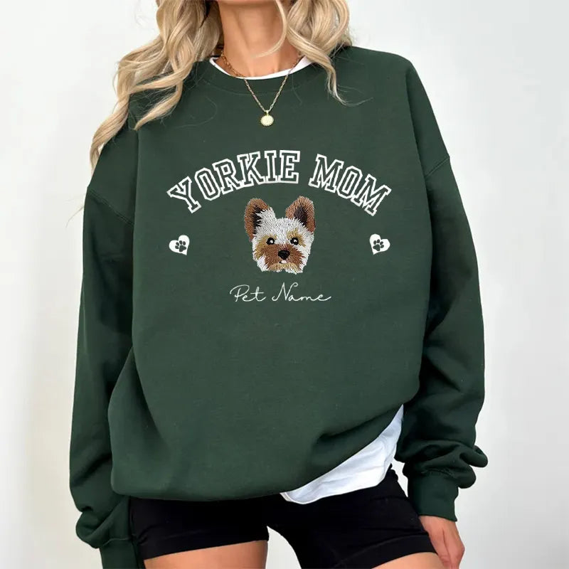 PetFiestas® Dog Mom Custom Dog Portrait Embroidered Hoodie or Sweatshirt T-shirt- Varsity Colorful Design