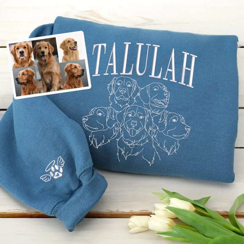 Custom Pet Portrait Outline Embroidered Sweatshirt Hoodie T-shirt- Stylish Outline Style