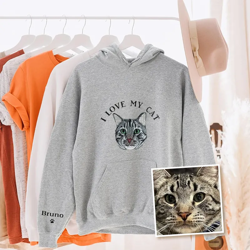 I Love My Cat Custom Pet Portrait Embroidered Crewneck T-shirt Hoodie- Varsity Colorful Design