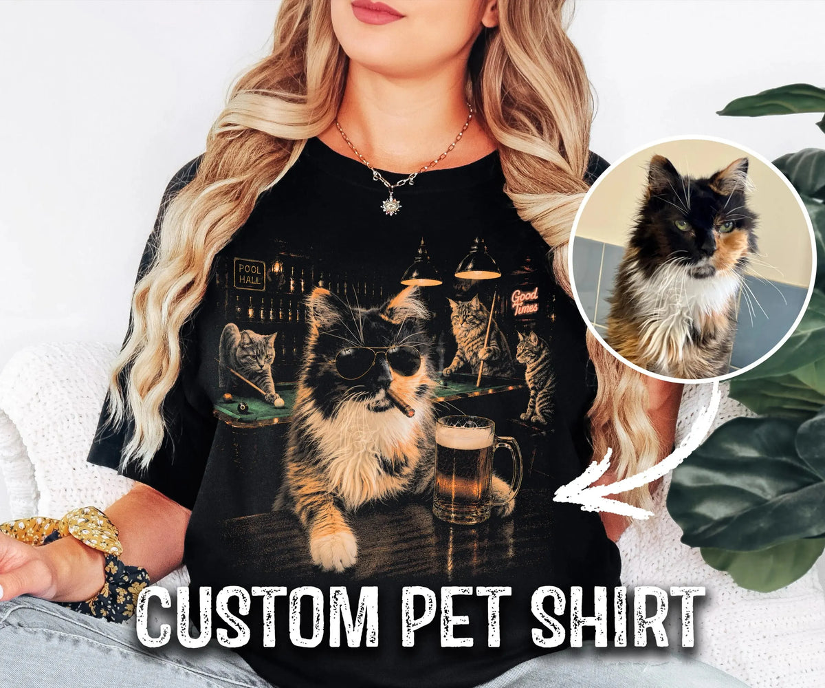  Funny Custom Dog Drinking Beer Shirt— Pool Hall Edition, Personalized Pet Photo Meme Graphic Tee