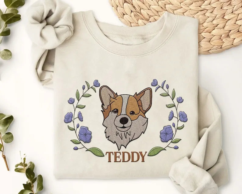 Custom Pet Portrait Embroidered Dog Mom Floral Sweatshirt Hoodie- Colorful Design