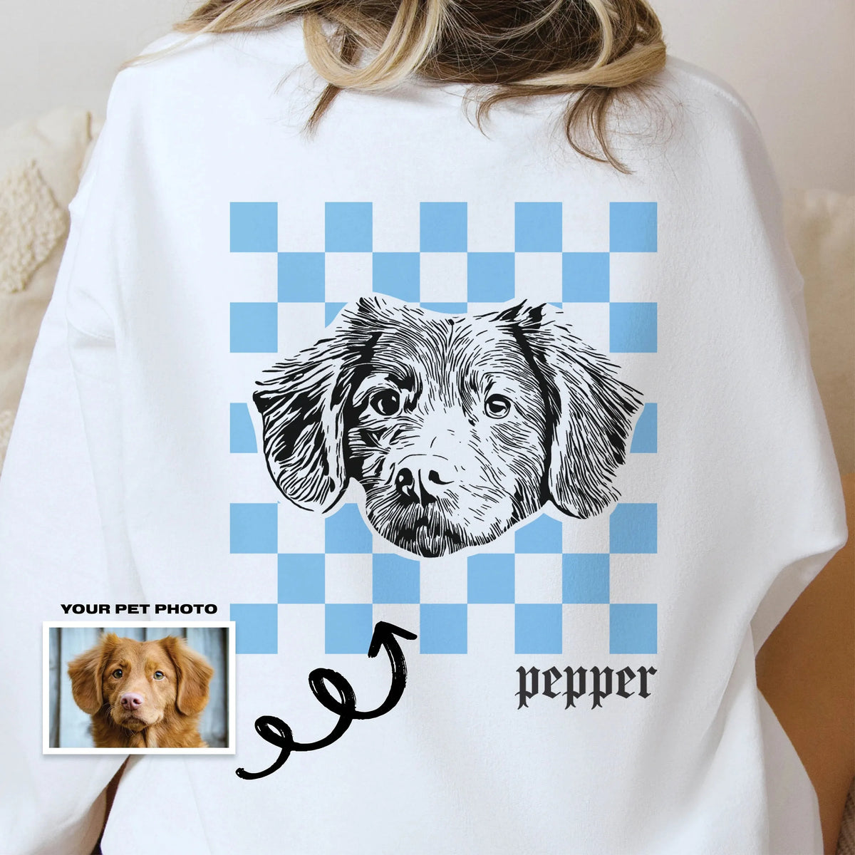 Personalized Pet Photo Sweatshirt / T-Shirt with Name – Checkerboard Style