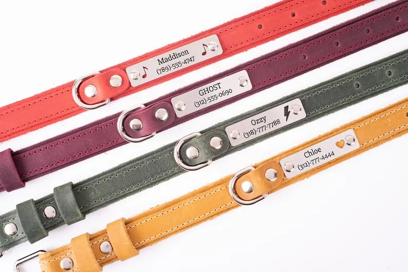 Leather Dog Collar, Personalized Engraved Leather Dog Collar