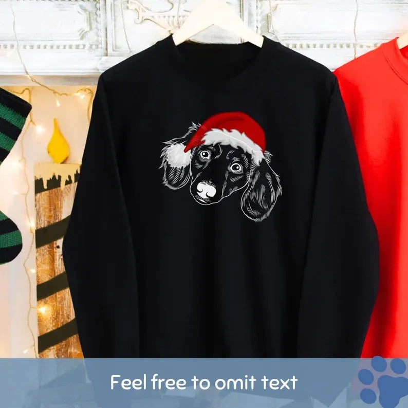 Custom Pet Face Hand-Drawn Sweatshirt with Santa Hat Design, Personalized Pet Christmas Sweatshirt
