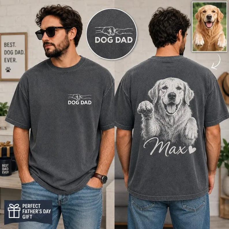 Personalized Dog Dad Vintage Wash T-Shirt, Custom Pet Portrait Shirt, Dog Dad Gift