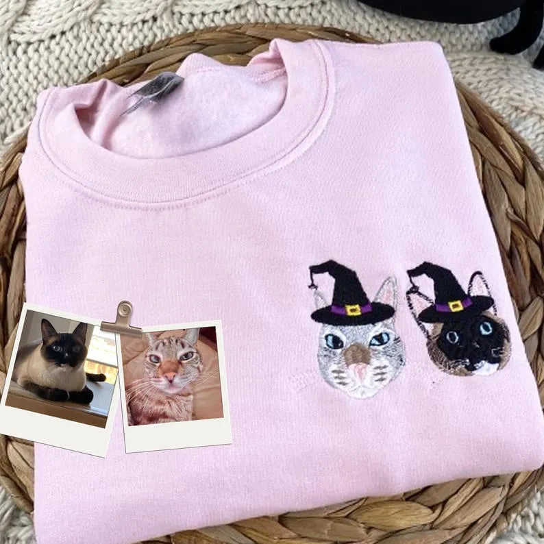 Embroidered Halloween Dog Sweatshirt – Custom Spooky Ghost Hoodie with Pet Portrait- Colorful Design