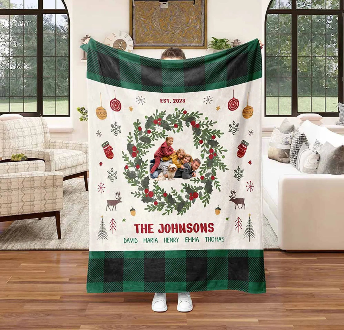 PetFiestas® Personalized Holiday Blanket for Family, Custom Christmas Blanket with Family Name and Photo