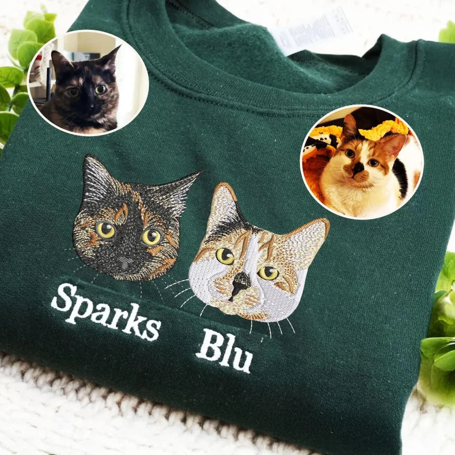 Full Color Pet Portrait Embroidered Sweatshirt – Custom Dog, Cat & Horse Face with Name/Date- Colorful Design