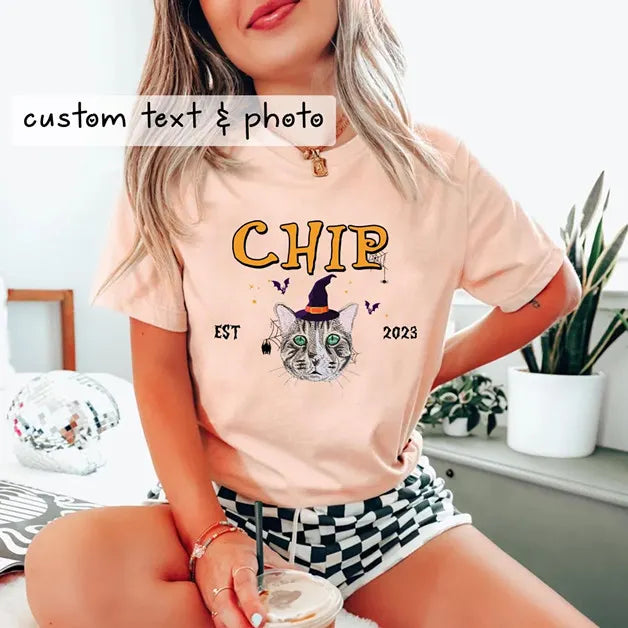 Custom Pet From Your Photo Halloween T-shirt, Pet Portrait Embroidered Hoodie Sweatshirt- Varsity Colorful Design