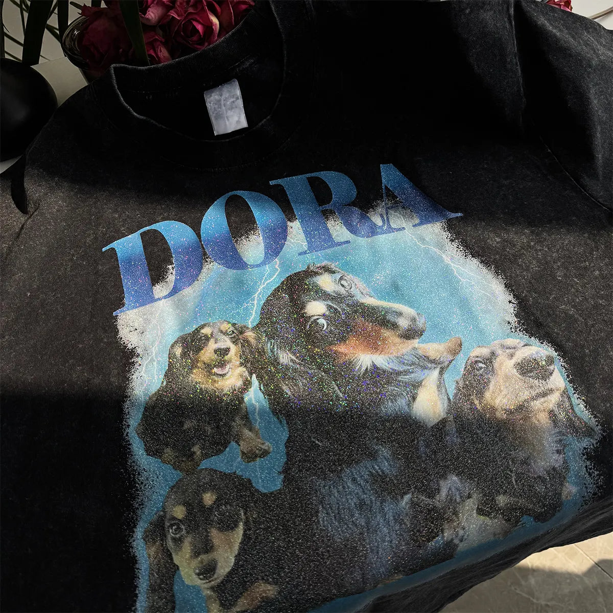 PetFiestas® Custom Photo Glitter Printed Vintage 90s Graphic Tee Sweatshirt Hoodie