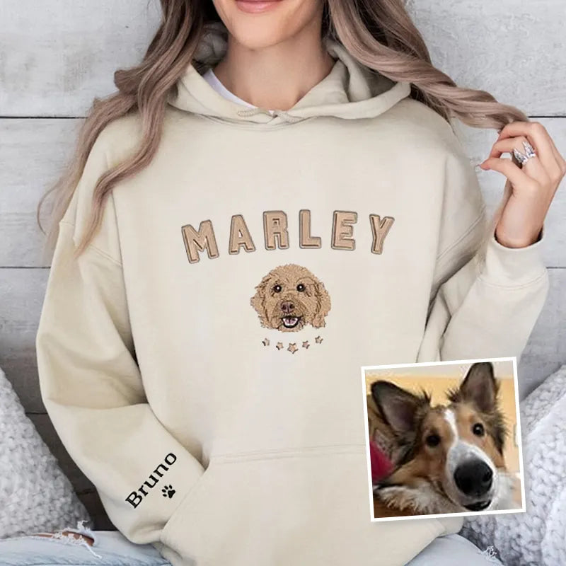 Personalized Dog Portrait Embroidered Hoodie Sweatshirt, Pet Face Shirt- Varsity Colorful Design